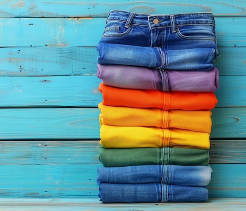 neat pile of jeans in a rainbow of colors against a teal blue wooden wall